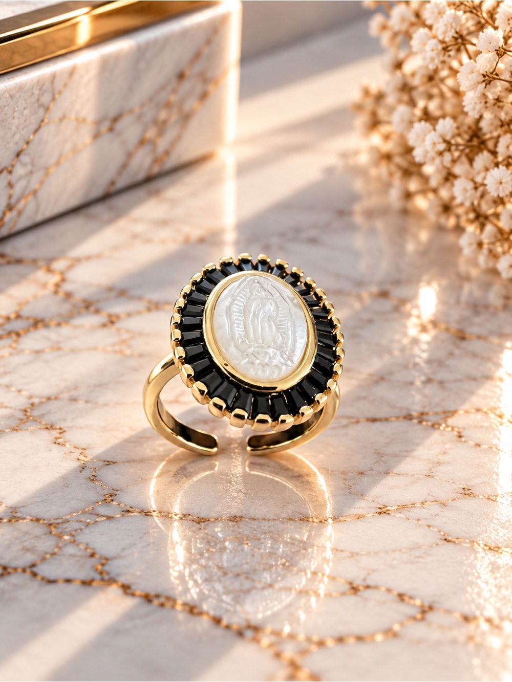 Gold Filled Adjustable Ring with Black Stone Halo and White Center Medallion